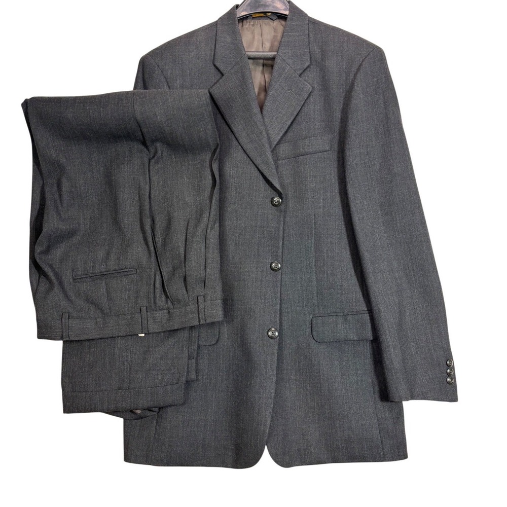 Bachrach Mens 3 Button 2 pc Suit Charcoal Gray Pleated Cuffed Pants 32x31 Italy